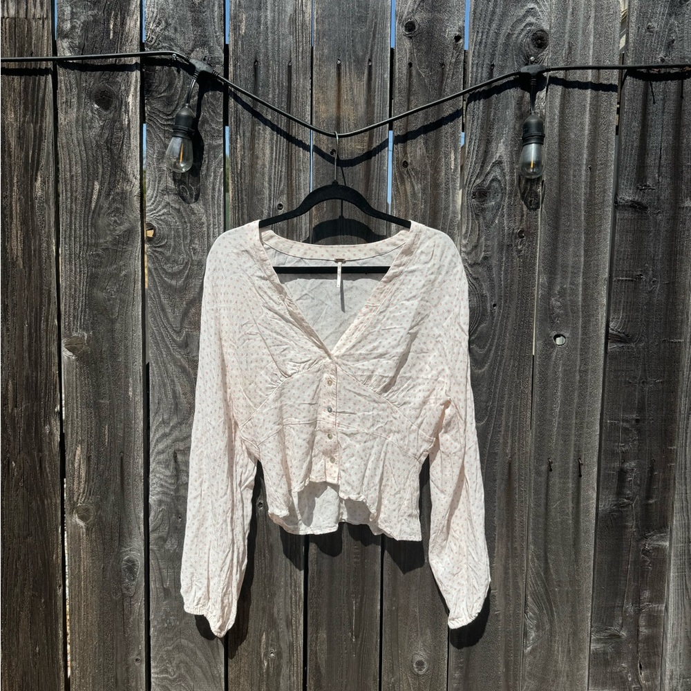 Free People White Pink Love Street Long Sleeve V Neck Polka Dot Button Up Blouse